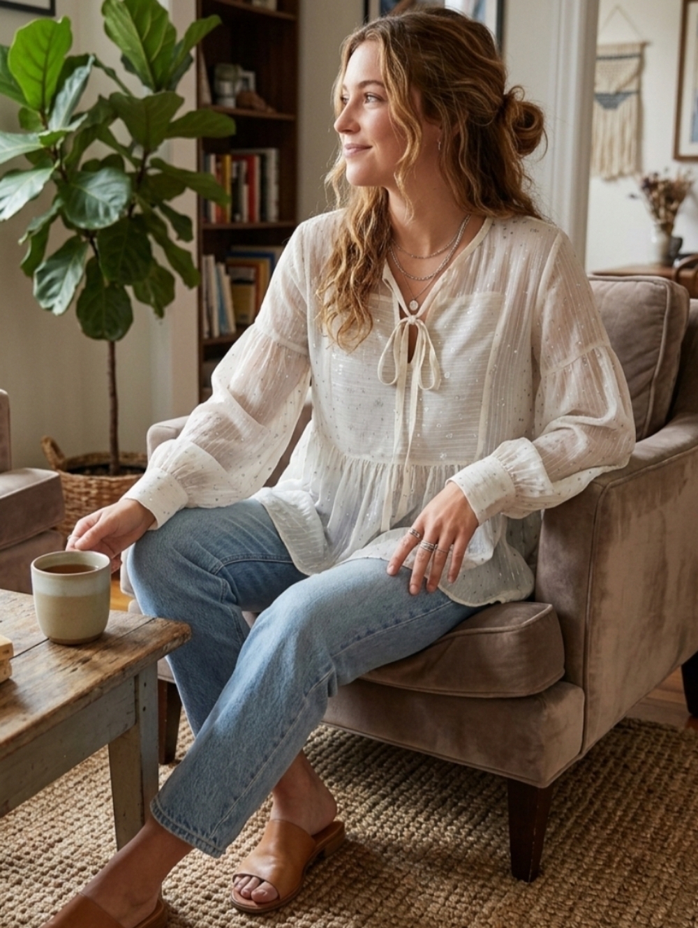 Zoe And Claire Cream Tie-Neck Bohemian Peasant Blouse Size S